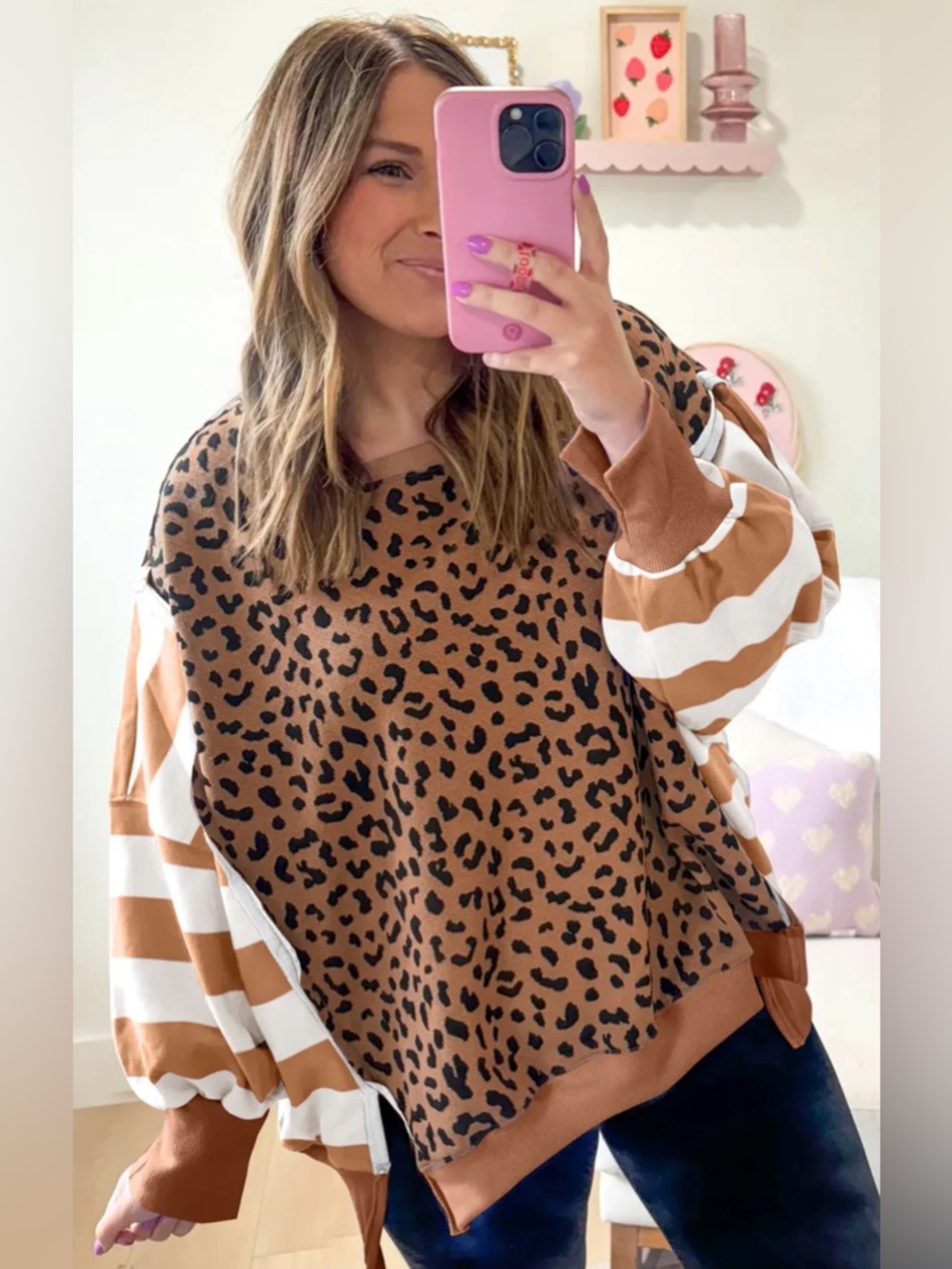 Leopard Print Balloon Sleeve Pullover Top - Brown